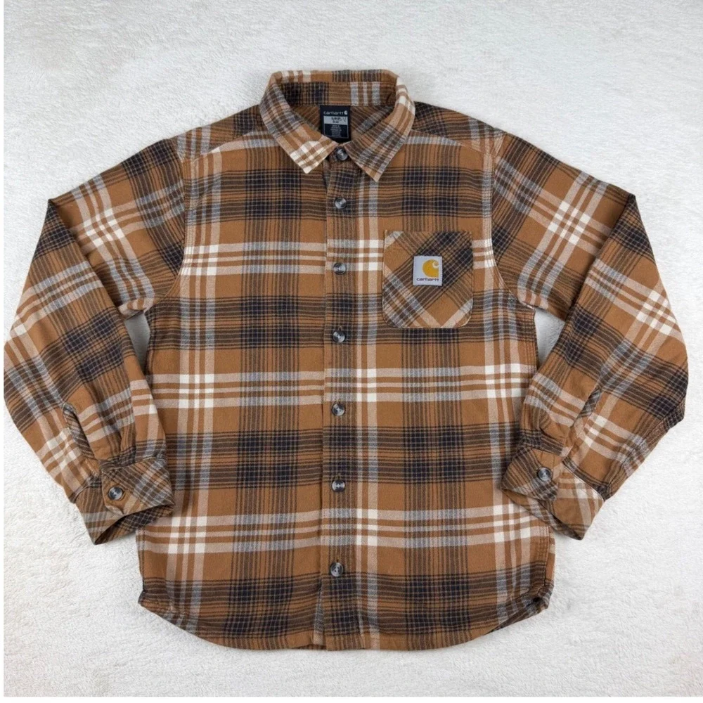 Carhartt Kids Brown Plaid Flannel Long Sleeve‎ Button Up Shirt Size S  (8-10)